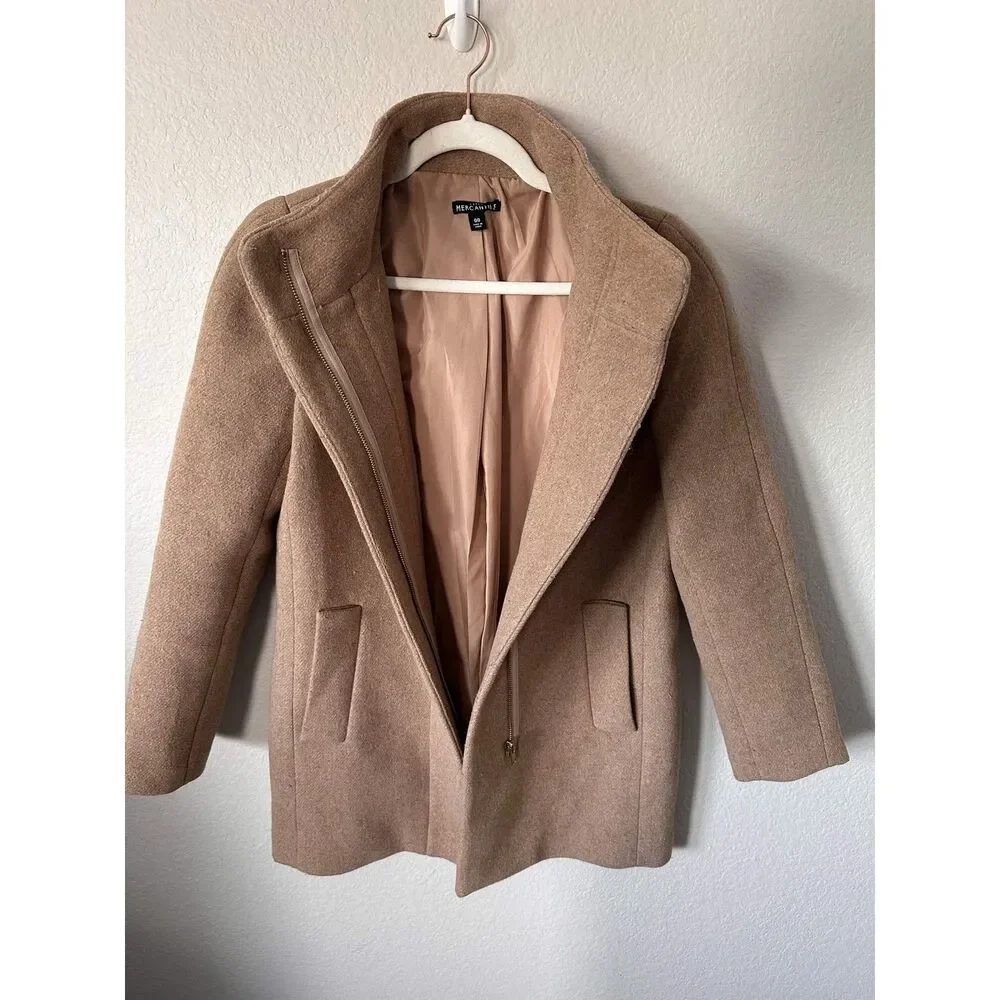 J Crew Mercantile Camel Wool City Coat Size 00 Standing Collar Zip Jacket Tan